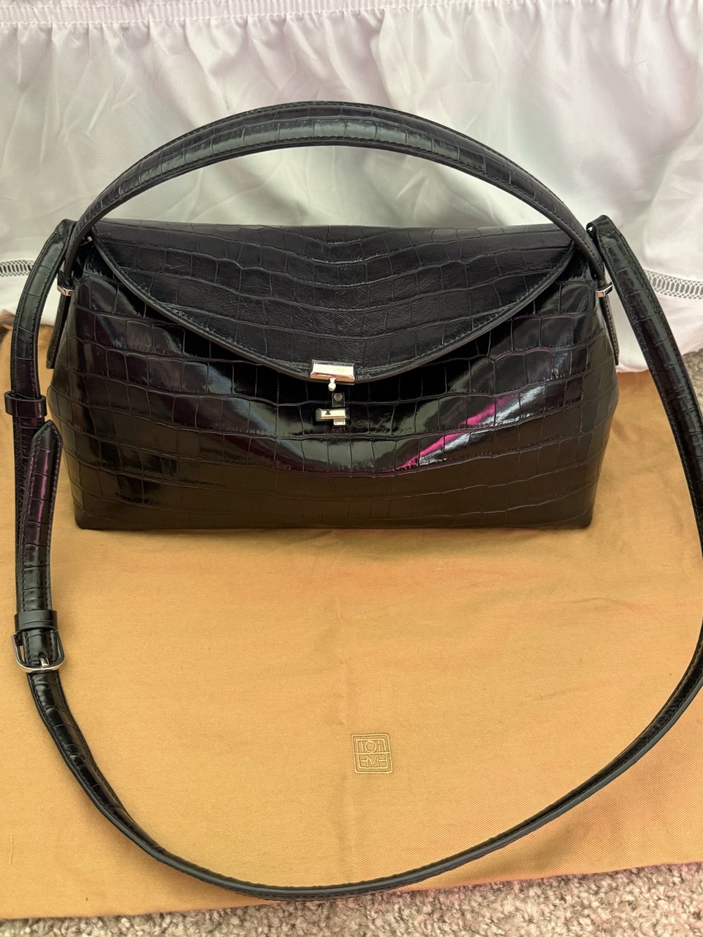 TOTEME Black Croc-Embossed Top Handle Bag